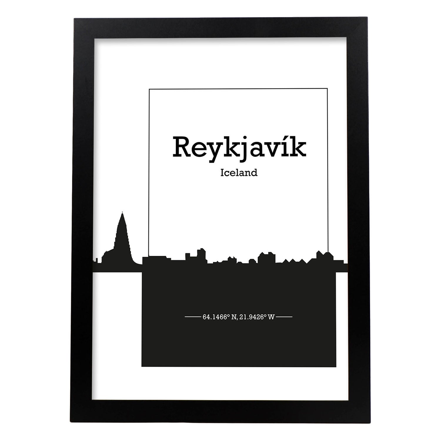 Poster con mapa de Reykjavik - Islandia. Láminas con Skyline de ciudades del norte de Europa con sombra negra.-Artwork-Nacnic-A3-Marco Negro-Nacnic Estudio SL