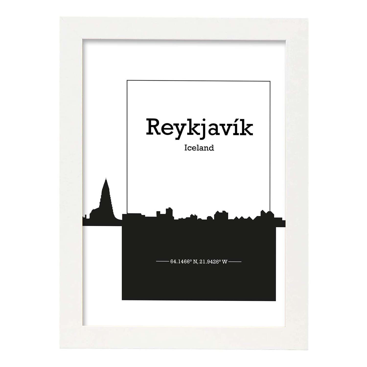 Poster con mapa de Reykjavik - Islandia. Láminas con Skyline de ciudades del norte de Europa con sombra negra.-Artwork-Nacnic-A4-Marco Blanco-Nacnic Estudio SL