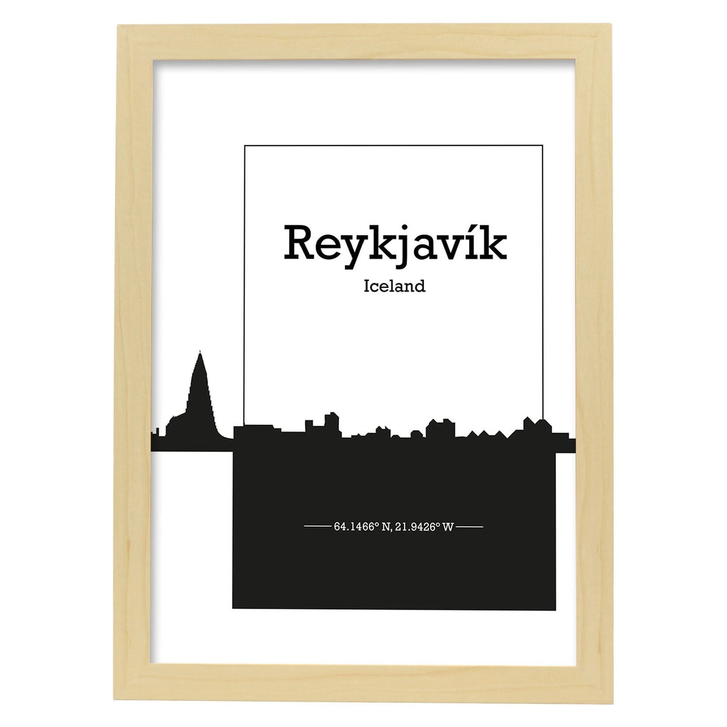 Poster con mapa de Reykjavik - Islandia. Láminas con Skyline de ciudades del norte de Europa con sombra negra.-Artwork-Nacnic-A4-Marco Madera clara-Nacnic Estudio SL