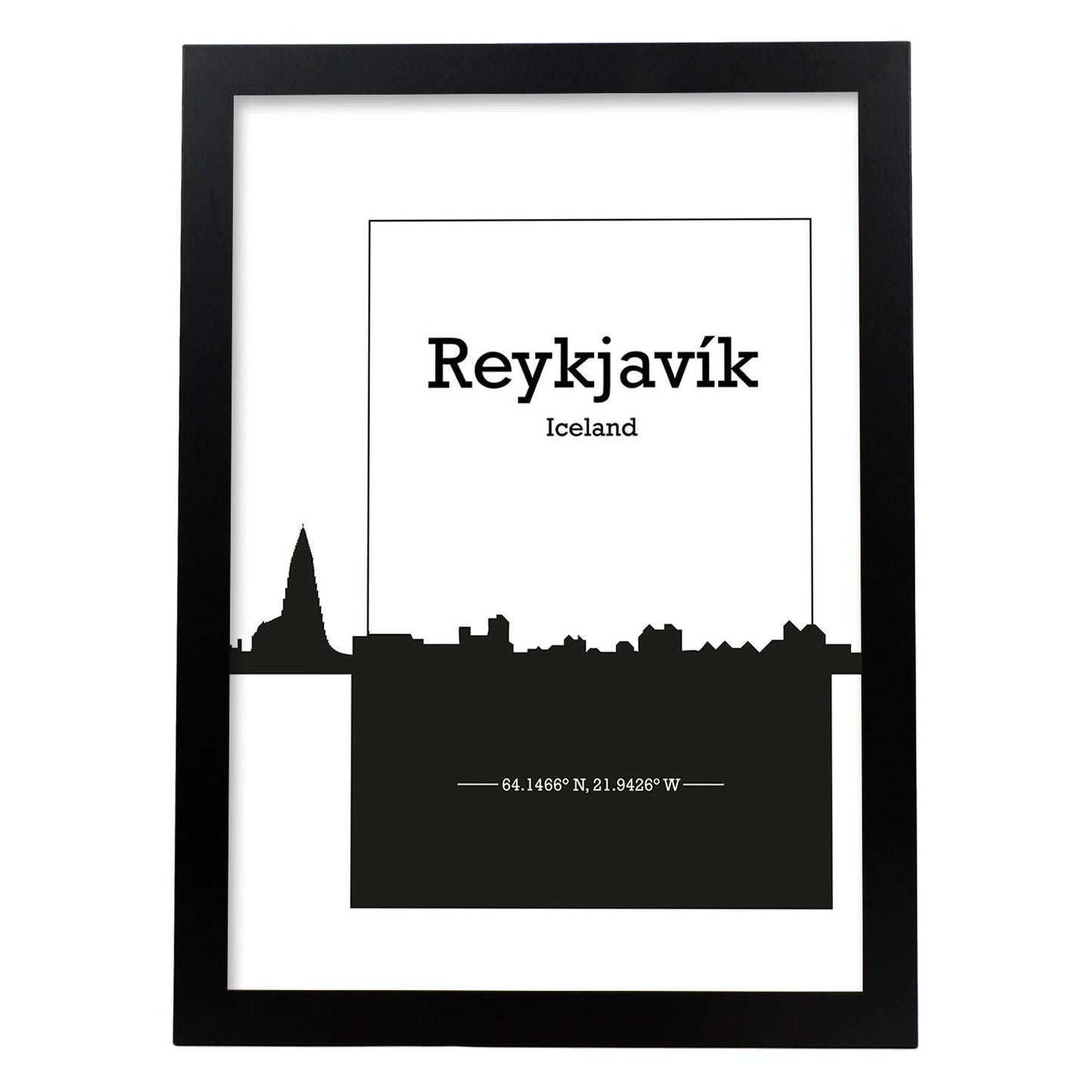 Poster con mapa de Reykjavik - Islandia. Láminas con Skyline de ciudades del norte de Europa con sombra negra.-Artwork-Nacnic-A4-Marco Negro-Nacnic Estudio SL