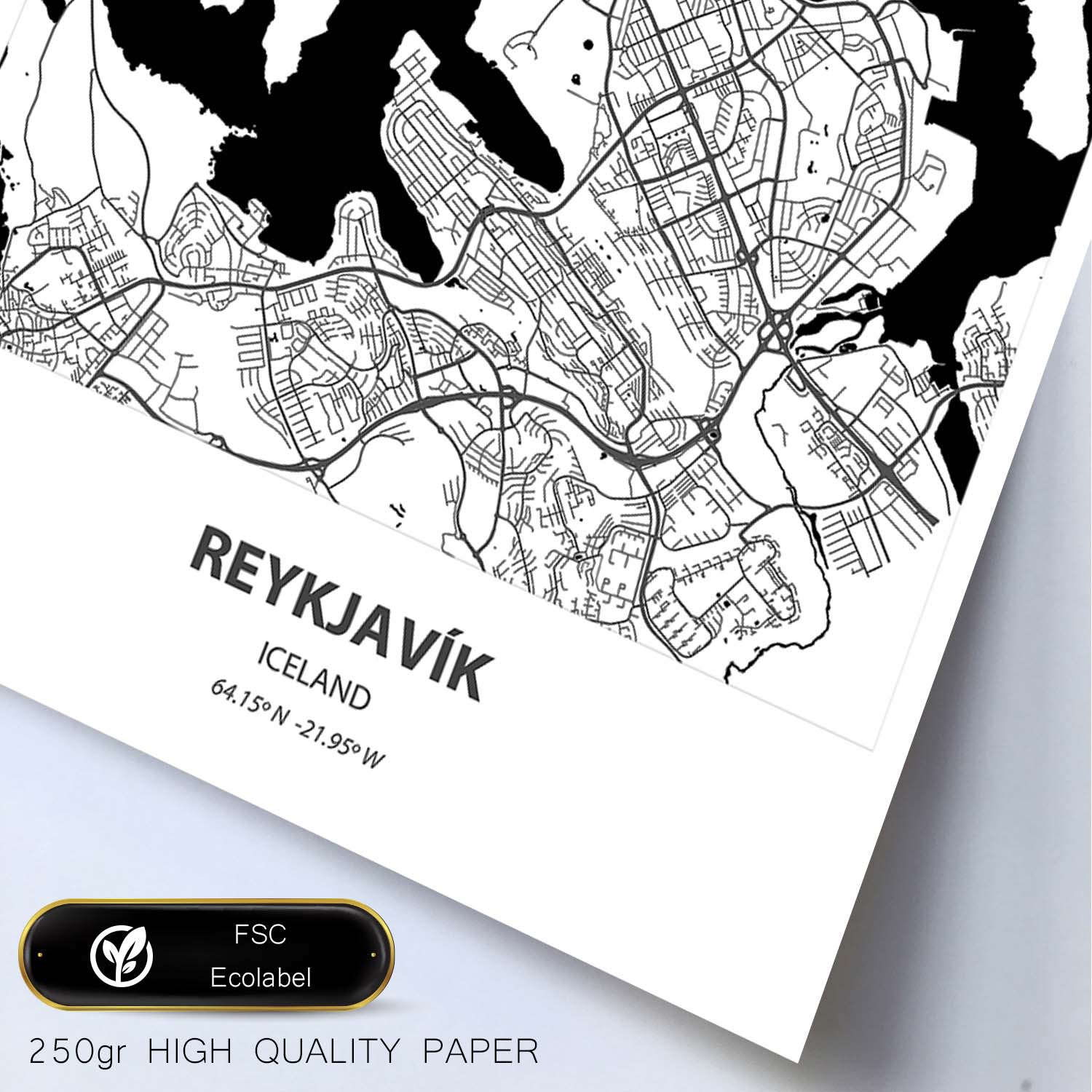 Poster con mapa de Reykjavik - Islandia. Láminas de ciudades del norte de Europa con mares y ríos en color negro.-Artwork-Nacnic-Nacnic Estudio SL