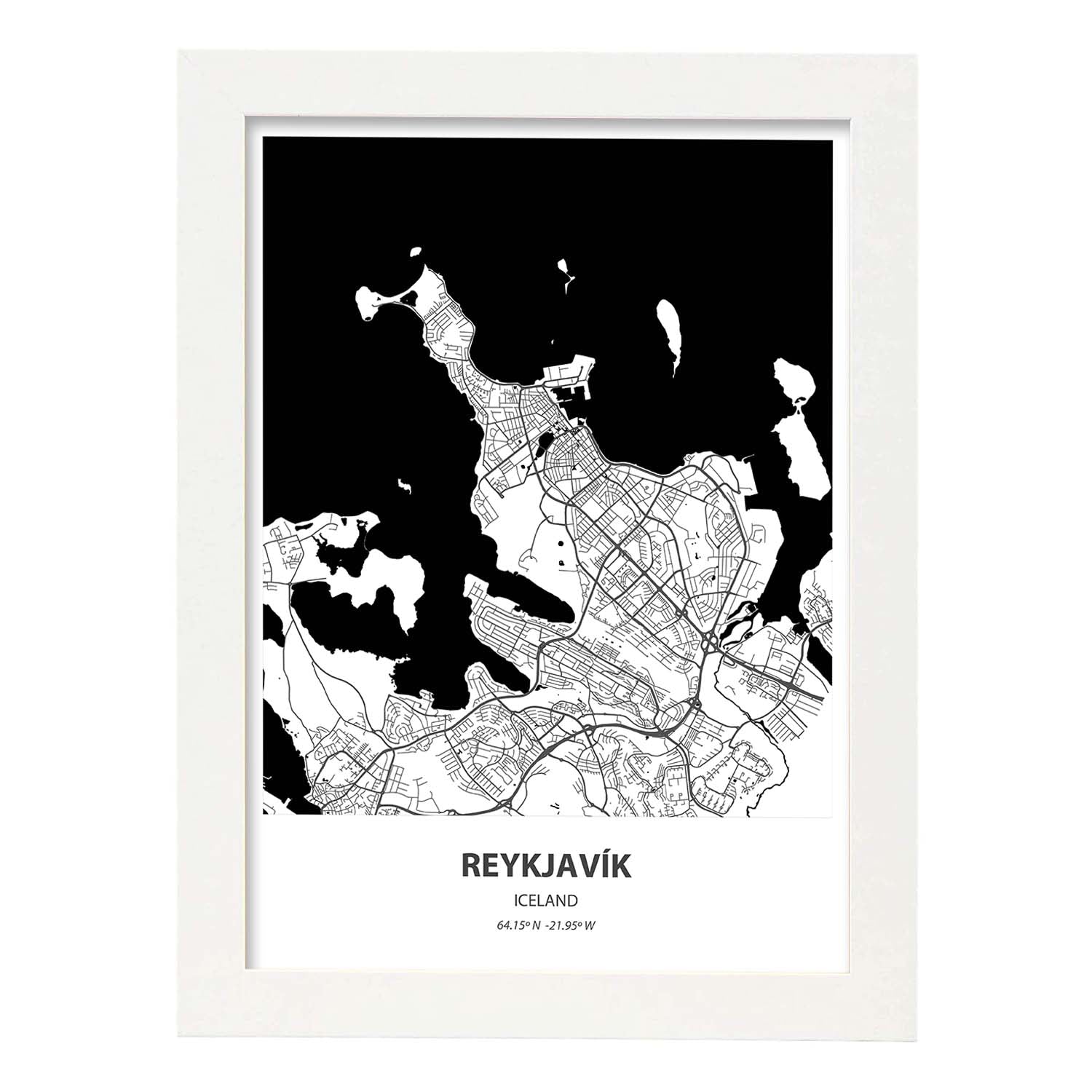 Poster con mapa de Reykjavik - Islandia. Láminas de ciudades del norte de Europa con mares y ríos en color negro.-Artwork-Nacnic-A3-Marco Blanco-Nacnic Estudio SL