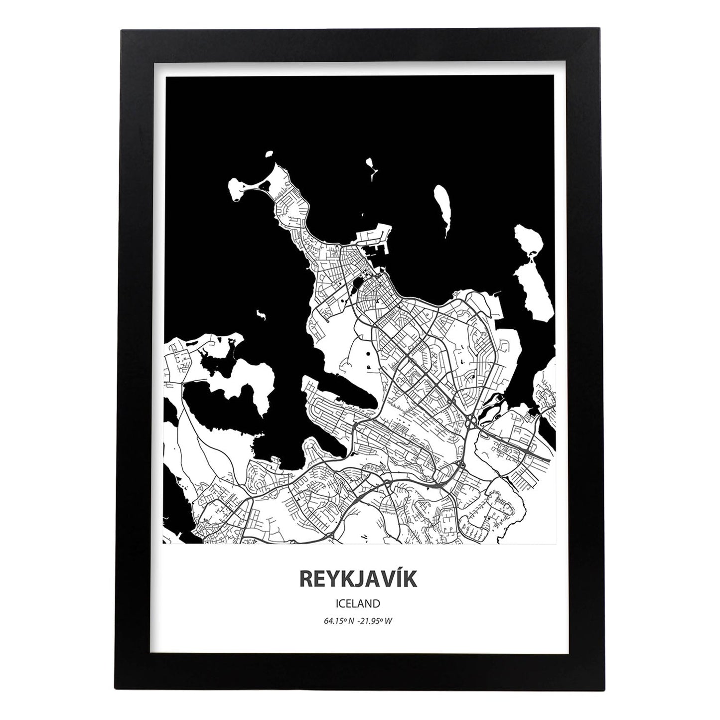 Poster con mapa de Reykjavik - Islandia. Láminas de ciudades del norte de Europa con mares y ríos en color negro.-Artwork-Nacnic-A3-Marco Negro-Nacnic Estudio SL