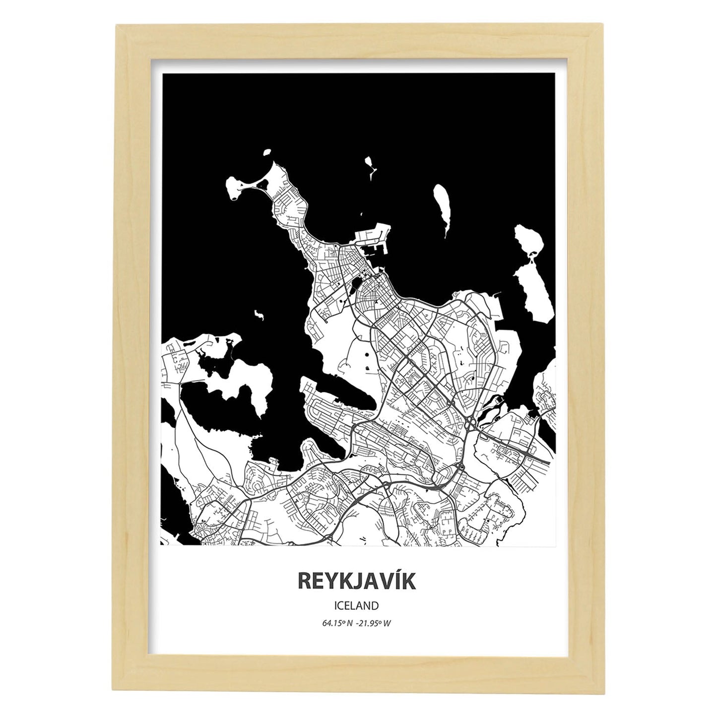 Poster con mapa de Reykjavik - Islandia. Láminas de ciudades del norte de Europa con mares y ríos en color negro.-Artwork-Nacnic-A4-Marco Madera clara-Nacnic Estudio SL