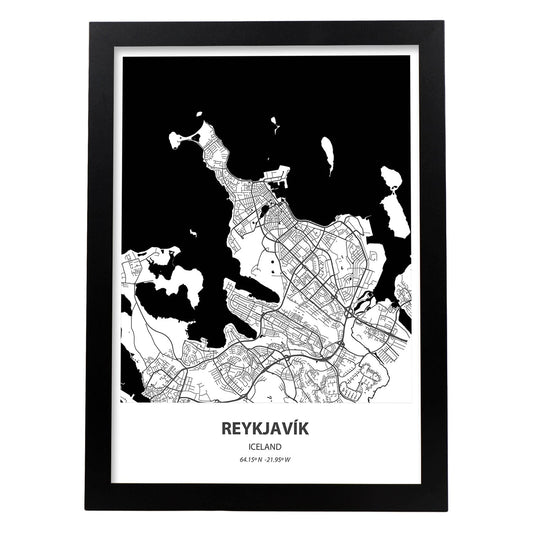 Poster con mapa de Reykjavik - Islandia. Láminas de ciudades del norte de Europa con mares y ríos en color negro.-Artwork-Nacnic-A4-Marco Negro-Nacnic Estudio SL