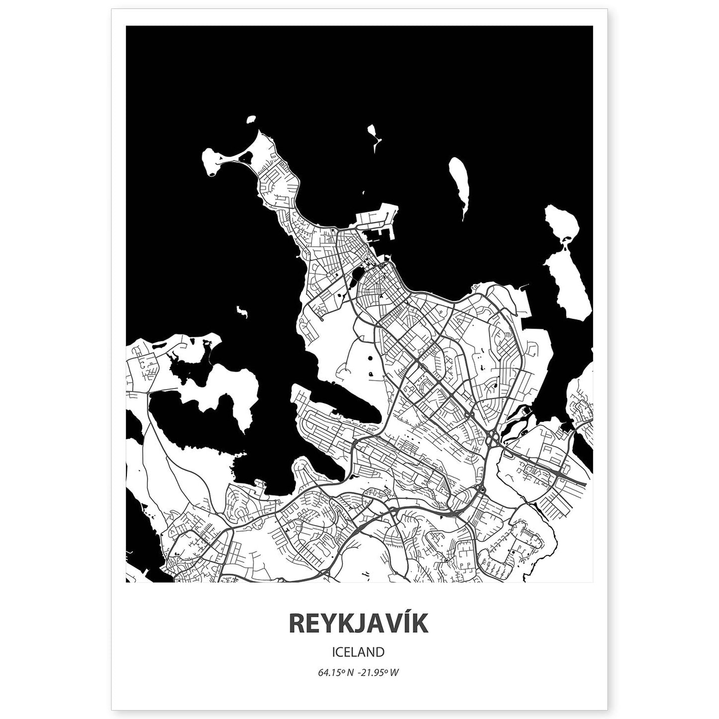 Poster con mapa de Reykjavik - Islandia. Láminas de ciudades del norte de Europa con mares y ríos en color negro.-Artwork-Nacnic-A4-Sin marco-Nacnic Estudio SL