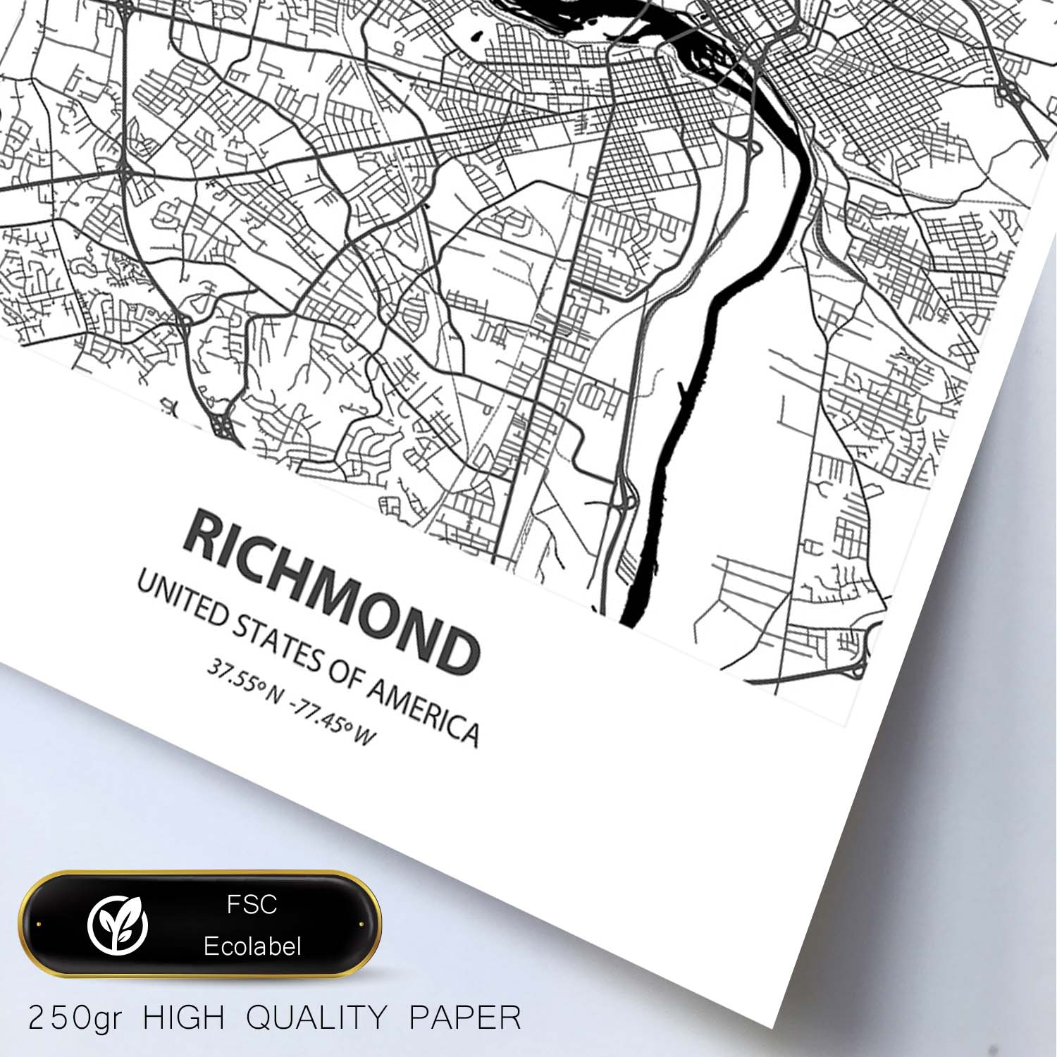 Poster con mapa de Richmond - USA. Láminas de ciudades de Estados Unidos con mares y ríos en color negro.-Artwork-Nacnic-Nacnic Estudio SL