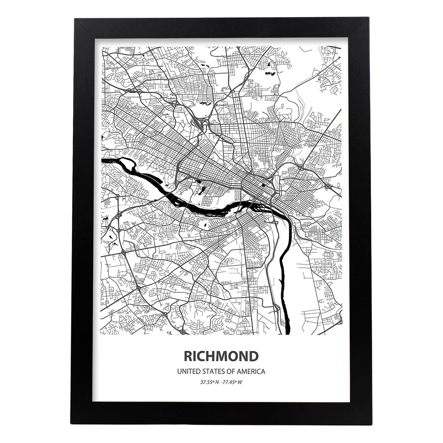 Poster con mapa de Richmond - USA. Láminas de ciudades de Estados Unidos con mares y ríos en color negro.-Artwork-Nacnic-A3-Marco Negro-Nacnic Estudio SL