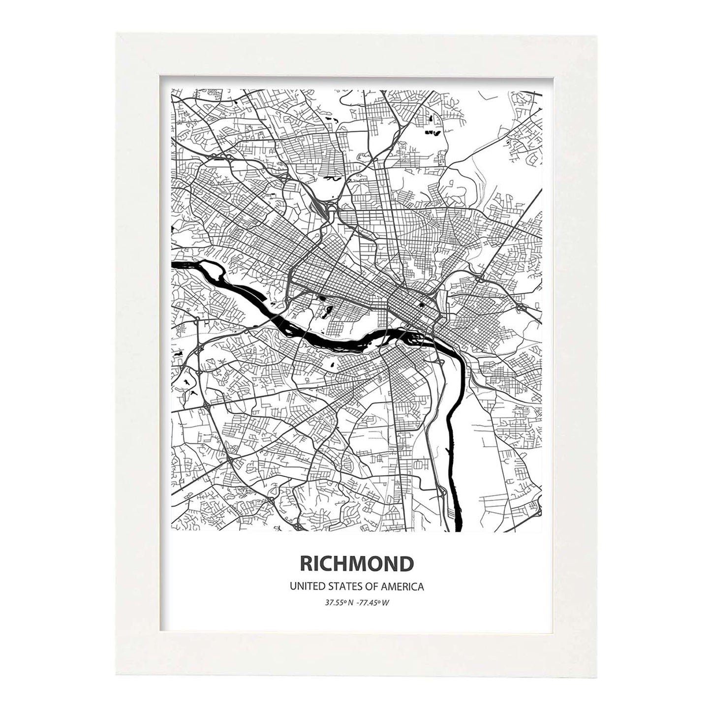 Poster con mapa de Richmond - USA. Láminas de ciudades de Estados Unidos con mares y ríos en color negro.-Artwork-Nacnic-A4-Marco Blanco-Nacnic Estudio SL