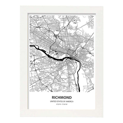 Poster con mapa de Richmond - USA. Láminas de ciudades de Estados Unidos con mares y ríos en color negro.-Artwork-Nacnic-A4-Marco Blanco-Nacnic Estudio SL