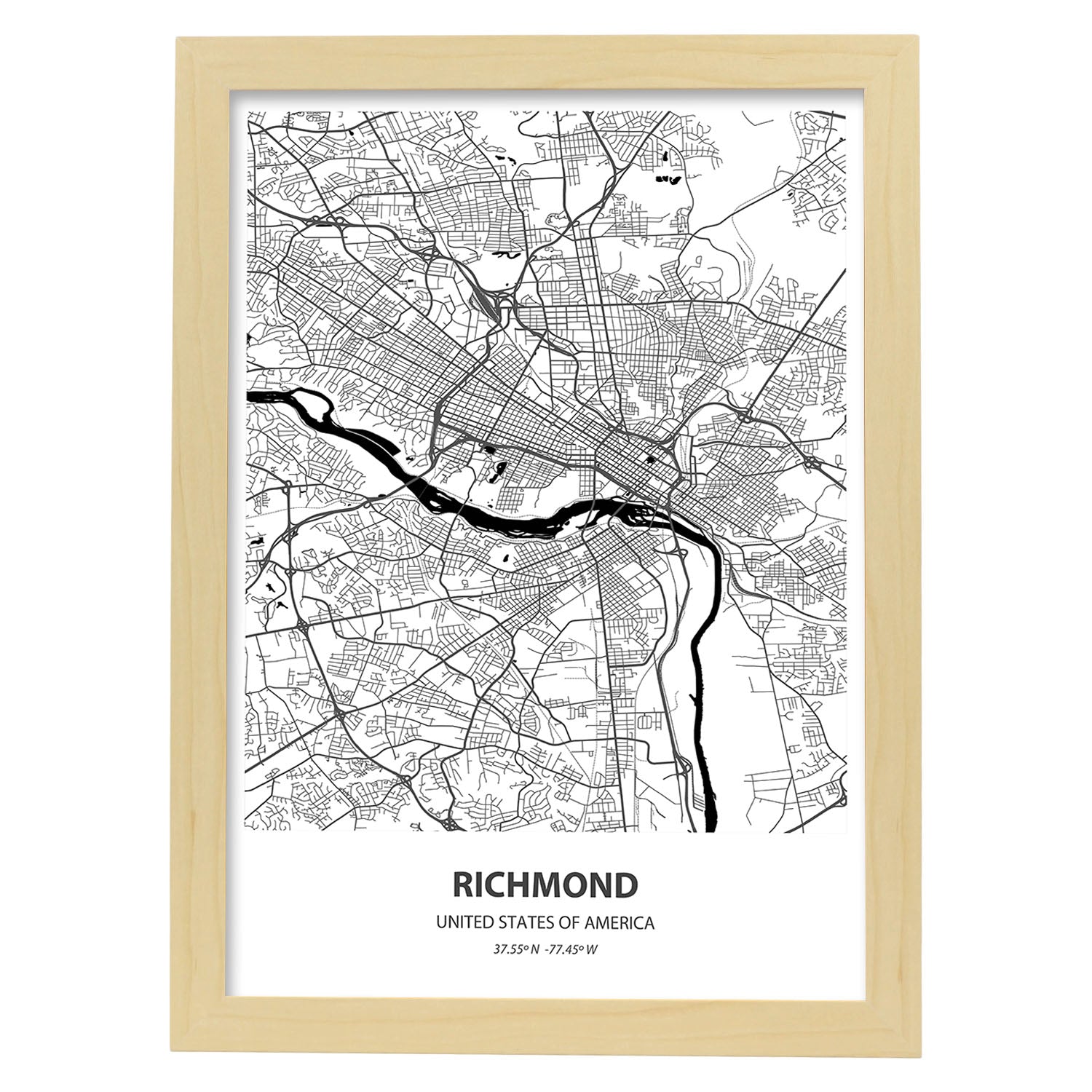 Poster con mapa de Richmond - USA. Láminas de ciudades de Estados Unidos con mares y ríos en color negro.-Artwork-Nacnic-A4-Marco Madera clara-Nacnic Estudio SL