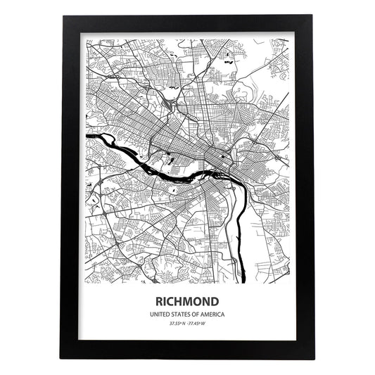 Poster con mapa de Richmond - USA. Láminas de ciudades de Estados Unidos con mares y ríos en color negro.-Artwork-Nacnic-A4-Marco Negro-Nacnic Estudio SL