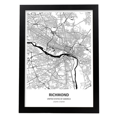 Poster con mapa de Richmond - USA. Láminas de ciudades de Estados Unidos con mares y ríos en color negro.-Artwork-Nacnic-A4-Marco Negro-Nacnic Estudio SL