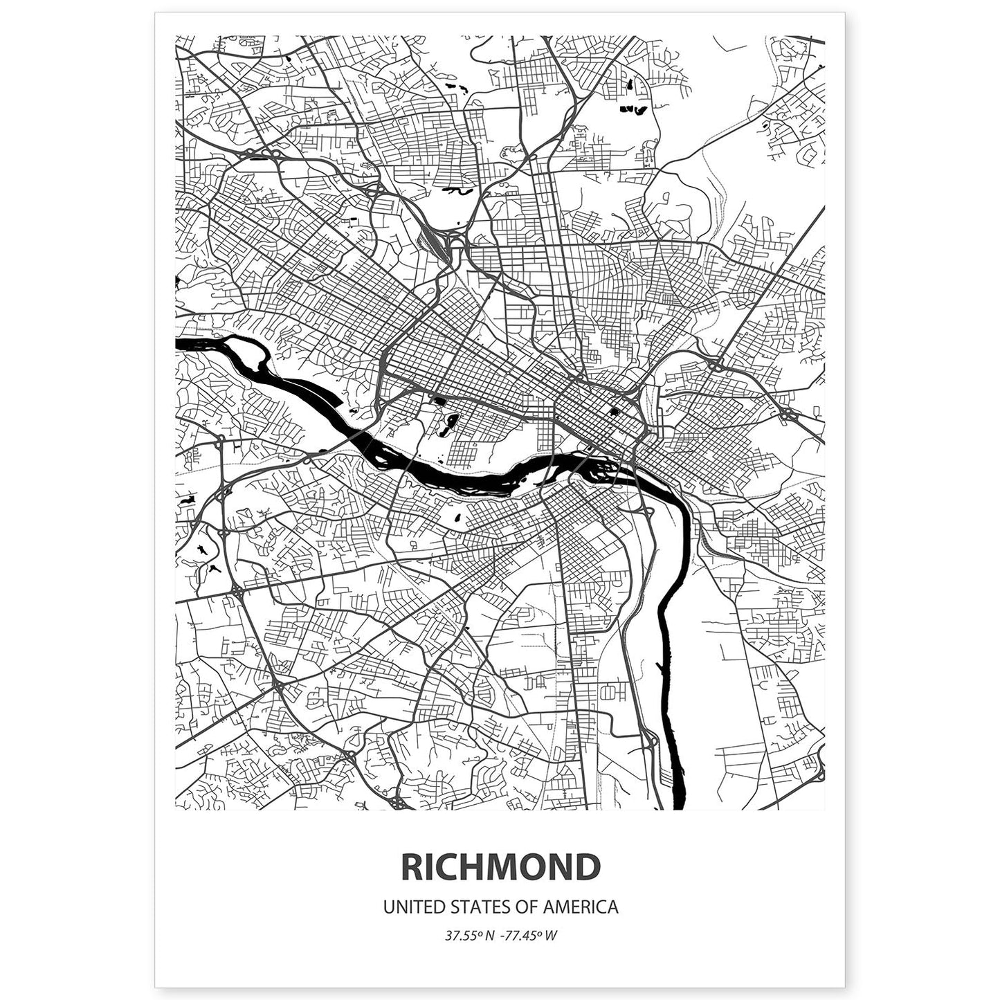 Poster con mapa de Richmond - USA. Láminas de ciudades de Estados Unidos con mares y ríos en color negro.-Artwork-Nacnic-A4-Sin marco-Nacnic Estudio SL