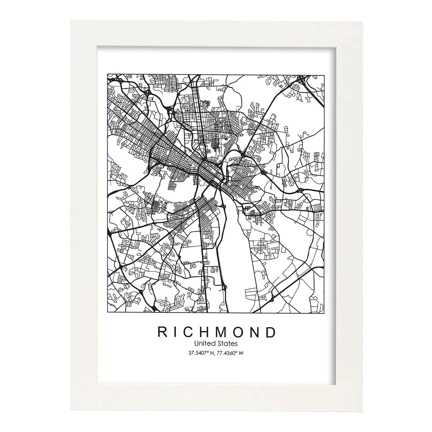Poster con mapa de Richmond. Lámina de Estados Unidos, con imágenes de mapas y carreteras-Artwork-Nacnic-A3-Marco Blanco-Nacnic Estudio SL