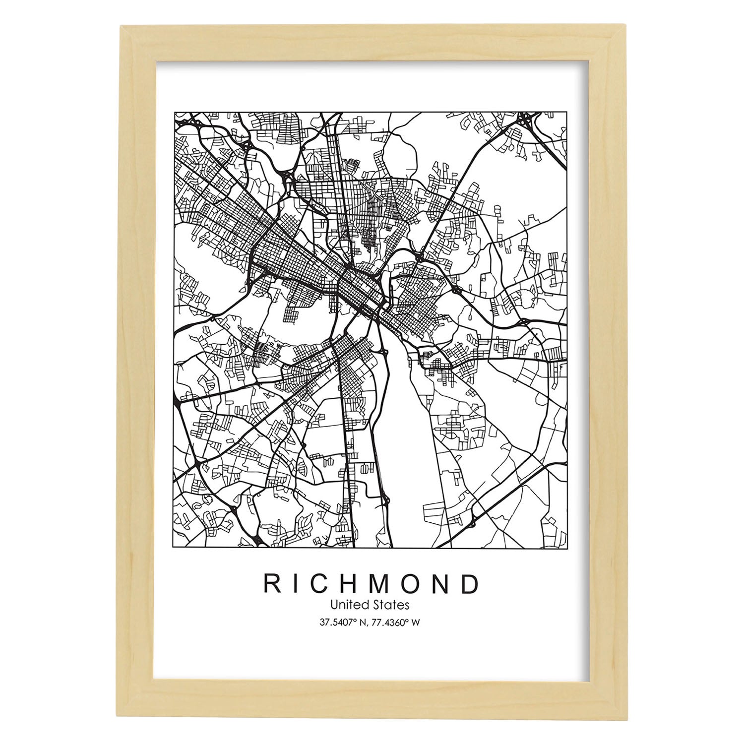 Poster con mapa de Richmond. Lámina de Estados Unidos, con imágenes de mapas y carreteras-Artwork-Nacnic-A3-Marco Madera clara-Nacnic Estudio SL