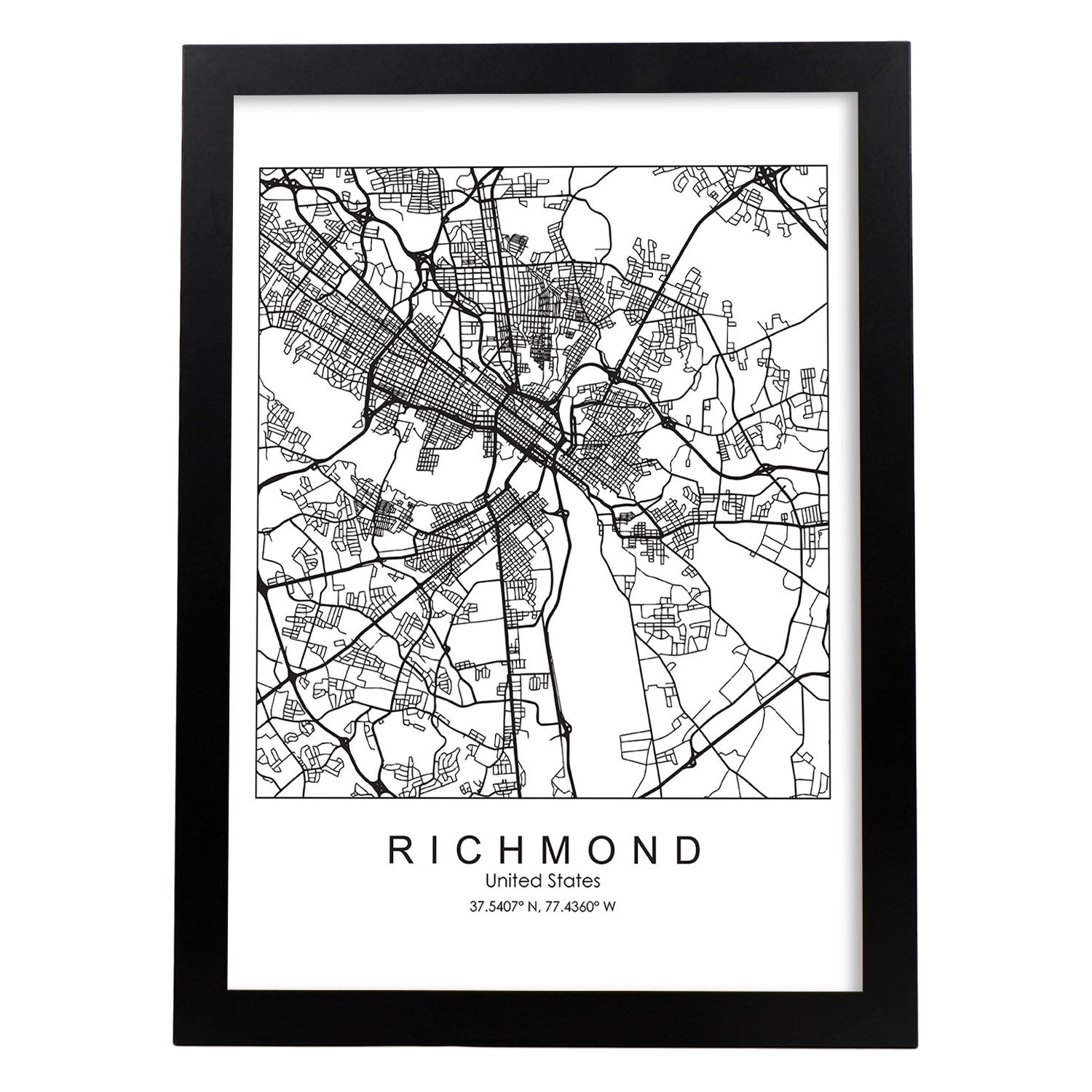 Poster con mapa de Richmond. Lámina de Estados Unidos, con imágenes de mapas y carreteras-Artwork-Nacnic-A3-Marco Negro-Nacnic Estudio SL