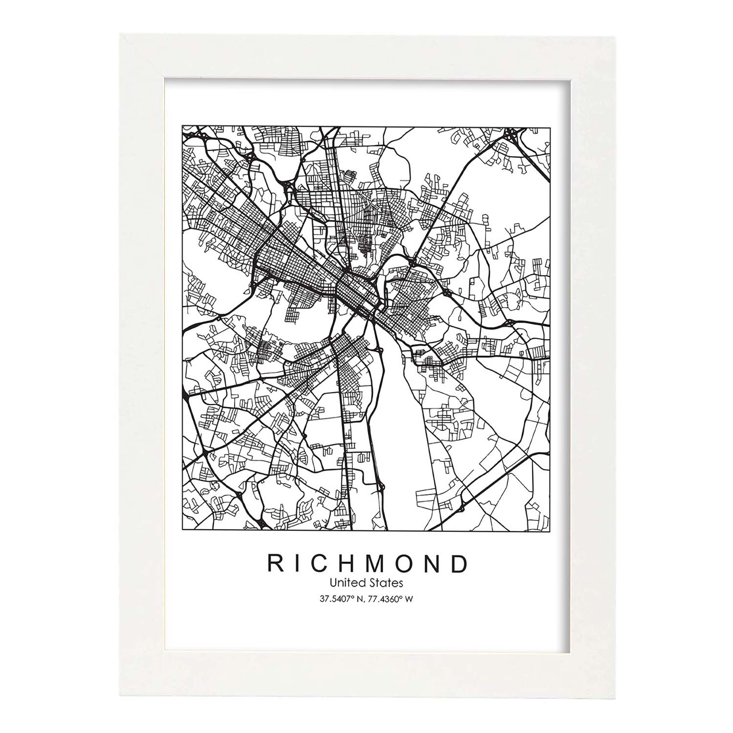 Poster con mapa de Richmond. Lámina de Estados Unidos, con imágenes de mapas y carreteras-Artwork-Nacnic-A4-Marco Blanco-Nacnic Estudio SL