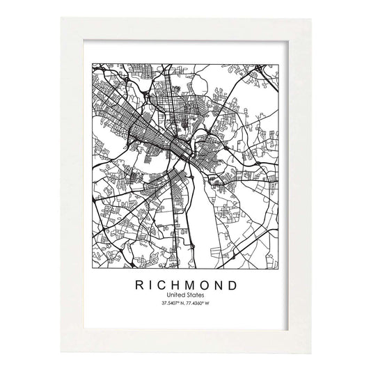 Poster con mapa de Richmond. Lámina de Estados Unidos, con imágenes de mapas y carreteras-Artwork-Nacnic-A4-Marco Blanco-Nacnic Estudio SL