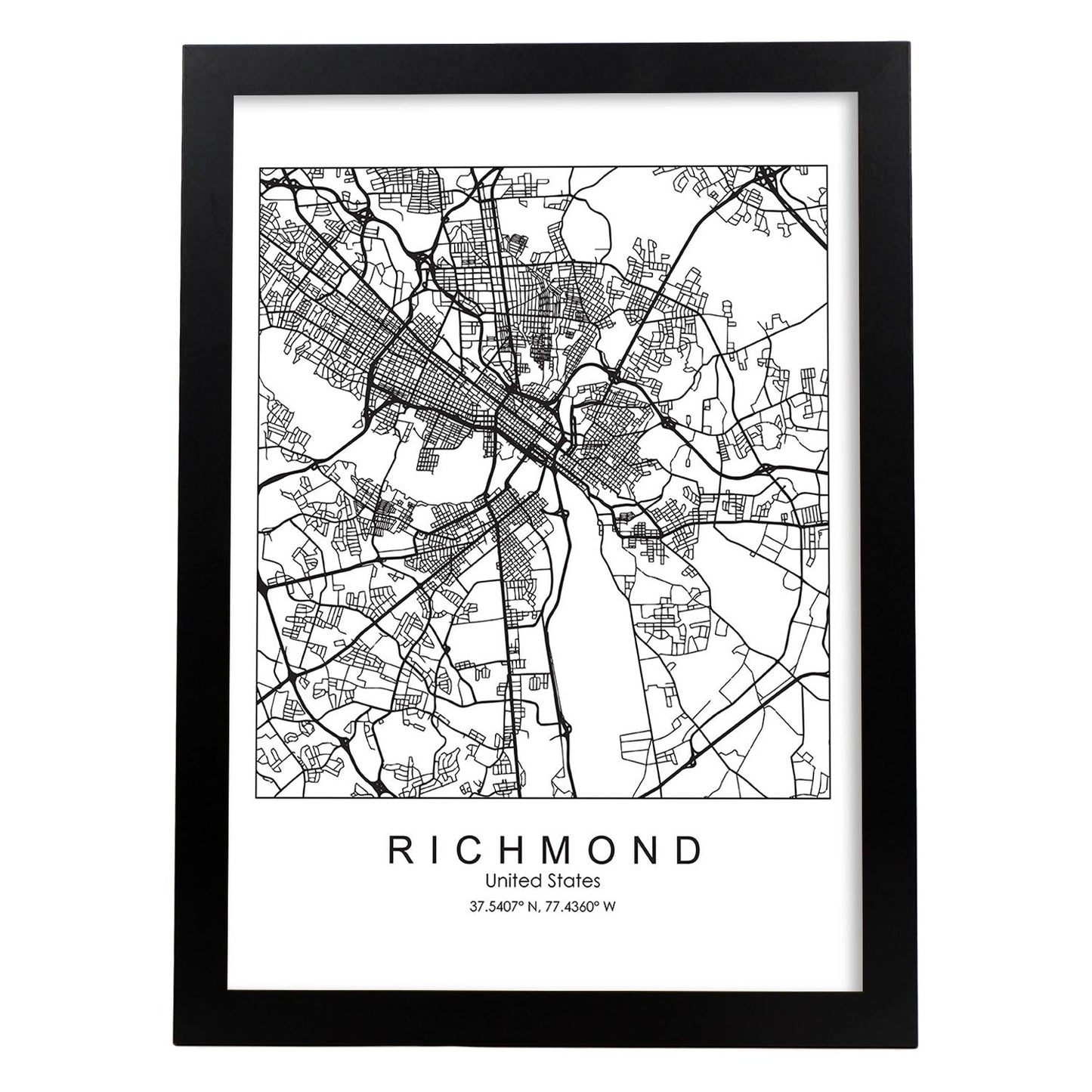 Poster con mapa de Richmond. Lámina de Estados Unidos, con imágenes de mapas y carreteras-Artwork-Nacnic-A4-Marco Negro-Nacnic Estudio SL
