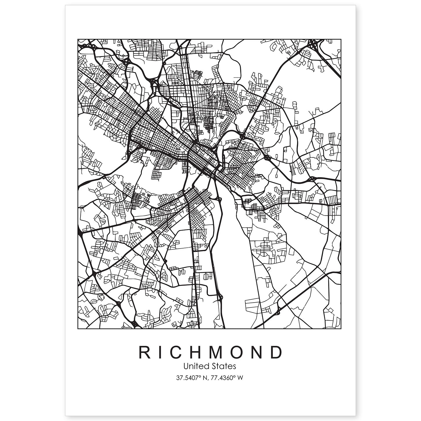 Poster con mapa de Richmond. Lámina de Estados Unidos, con imágenes de mapas y carreteras-Artwork-Nacnic-A4-Sin marco-Nacnic Estudio SL