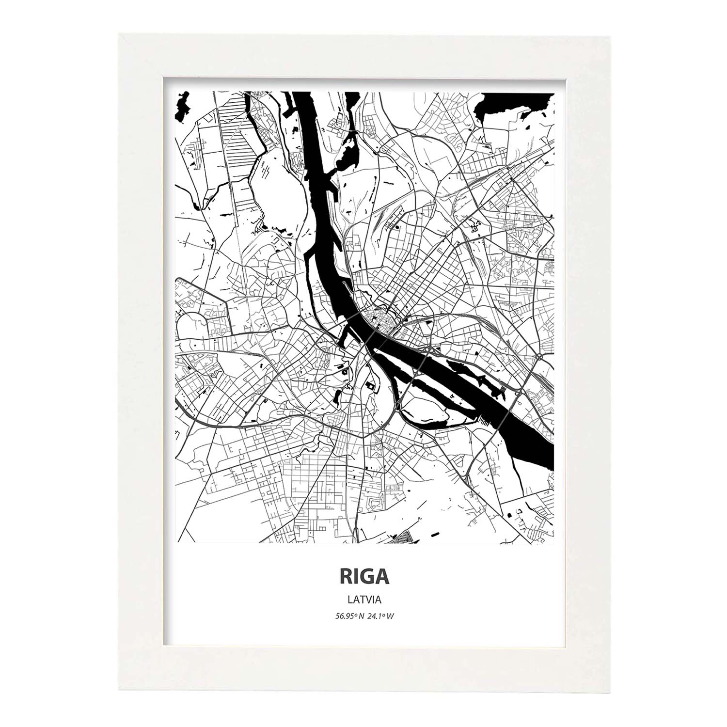Poster con mapa de Riga - Latvia. Láminas de ciudades de Europa con mares y ríos en color negro.-Artwork-Nacnic-A3-Marco Blanco-Nacnic Estudio SL