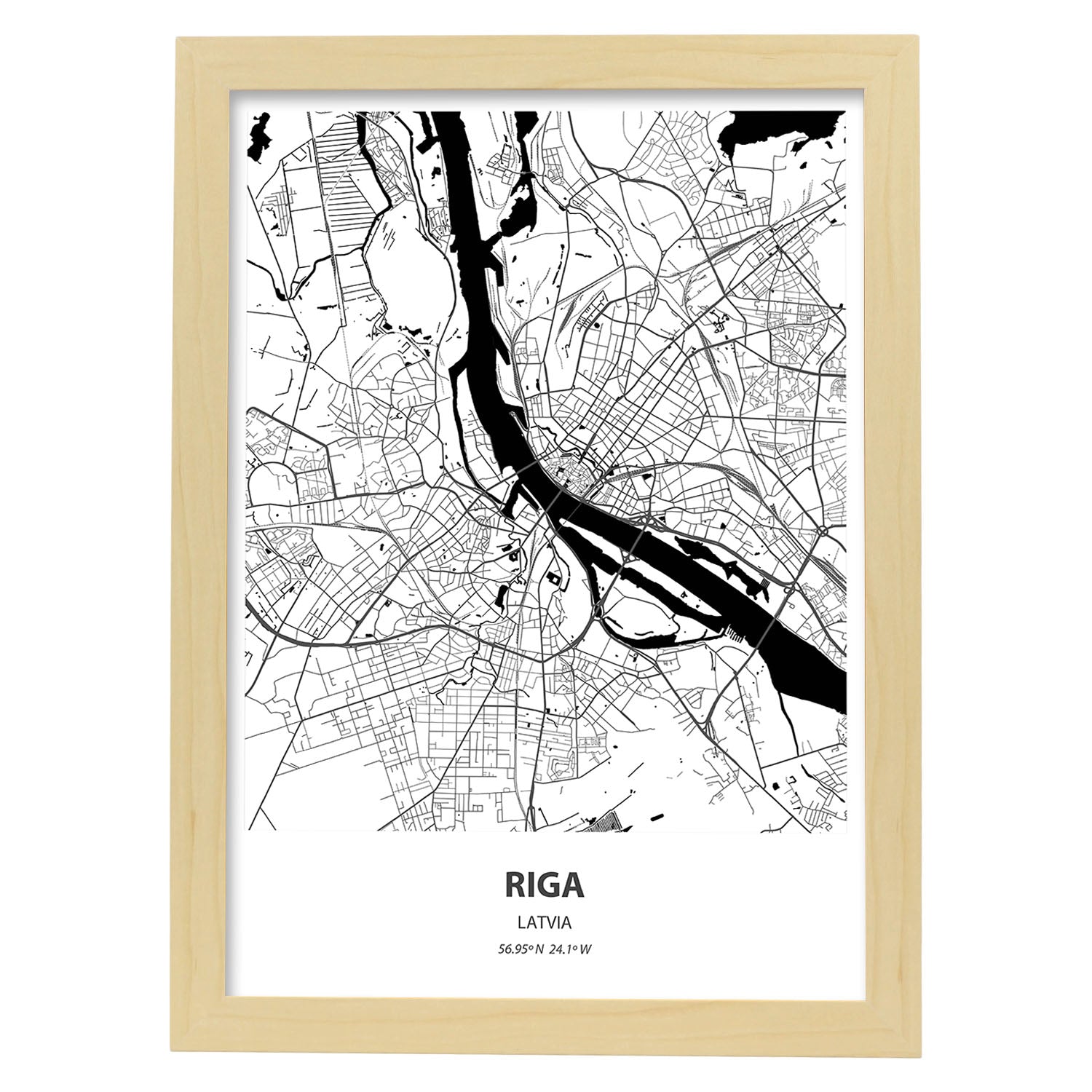 Poster con mapa de Riga - Latvia. Láminas de ciudades de Europa con mares y ríos en color negro.-Artwork-Nacnic-A3-Marco Madera clara-Nacnic Estudio SL