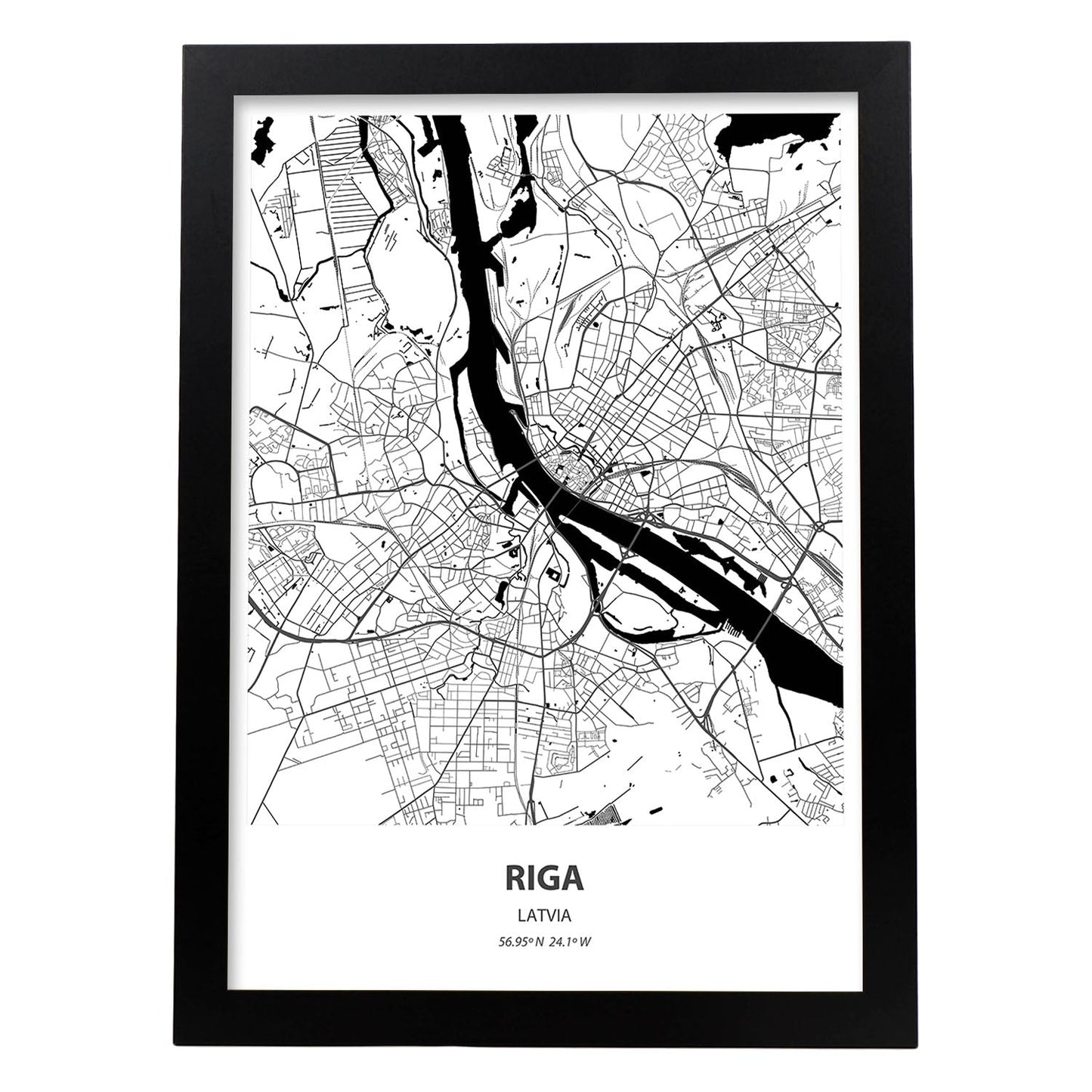 Poster con mapa de Riga - Latvia. Láminas de ciudades de Europa con mares y ríos en color negro.-Artwork-Nacnic-A3-Marco Negro-Nacnic Estudio SL