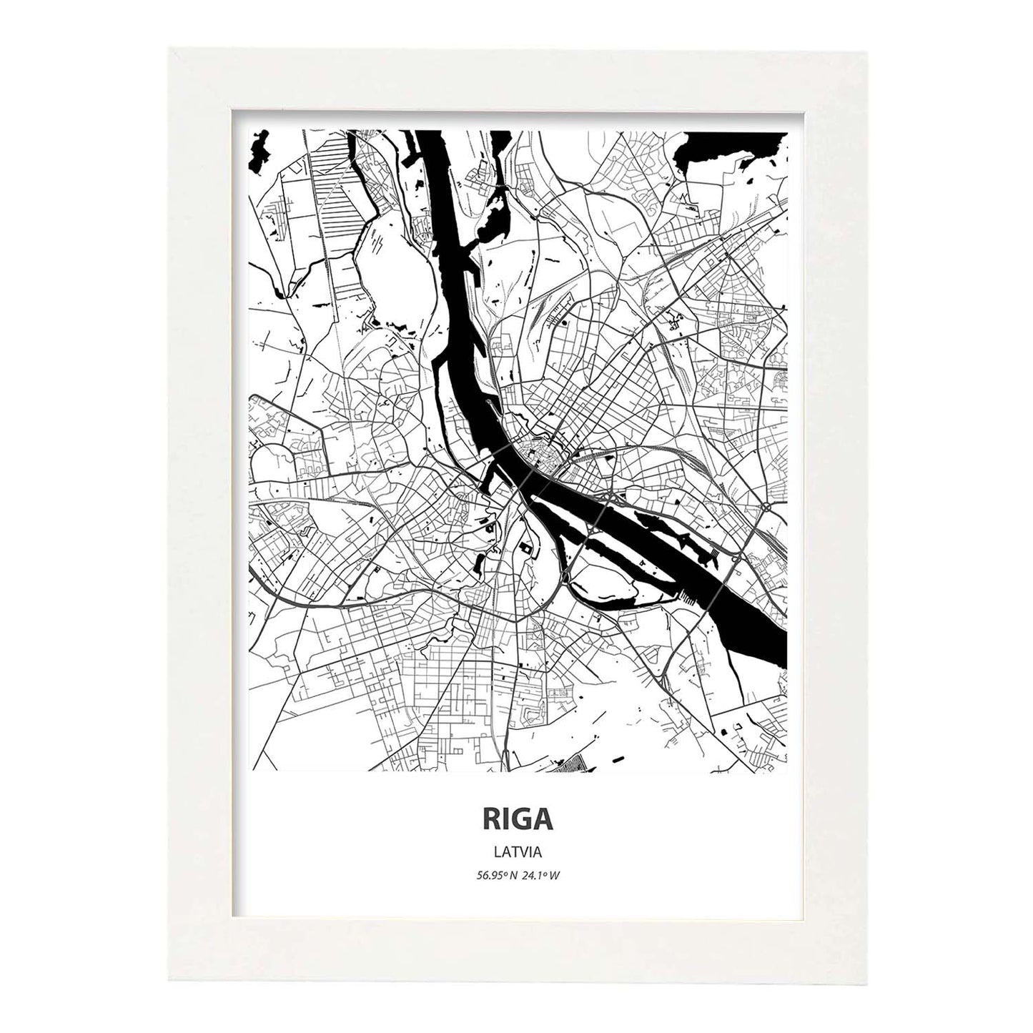 Poster con mapa de Riga - Latvia. Láminas de ciudades de Europa con mares y ríos en color negro.-Artwork-Nacnic-A4-Marco Blanco-Nacnic Estudio SL