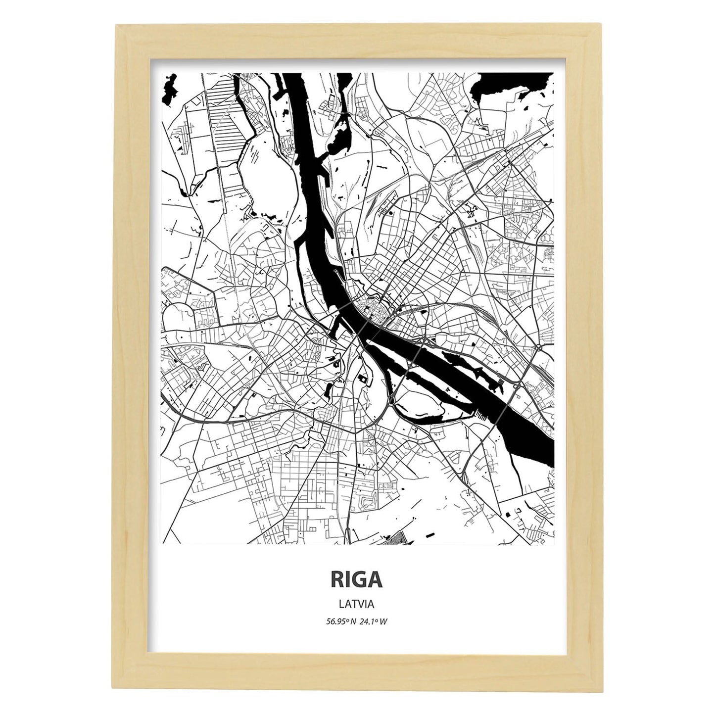 Poster con mapa de Riga - Latvia. Láminas de ciudades de Europa con mares y ríos en color negro.-Artwork-Nacnic-A4-Marco Madera clara-Nacnic Estudio SL