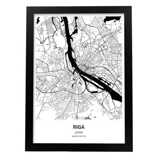 Poster con mapa de Riga - Latvia. Láminas de ciudades de Europa con mares y ríos en color negro.-Artwork-Nacnic-A4-Marco Negro-Nacnic Estudio SL