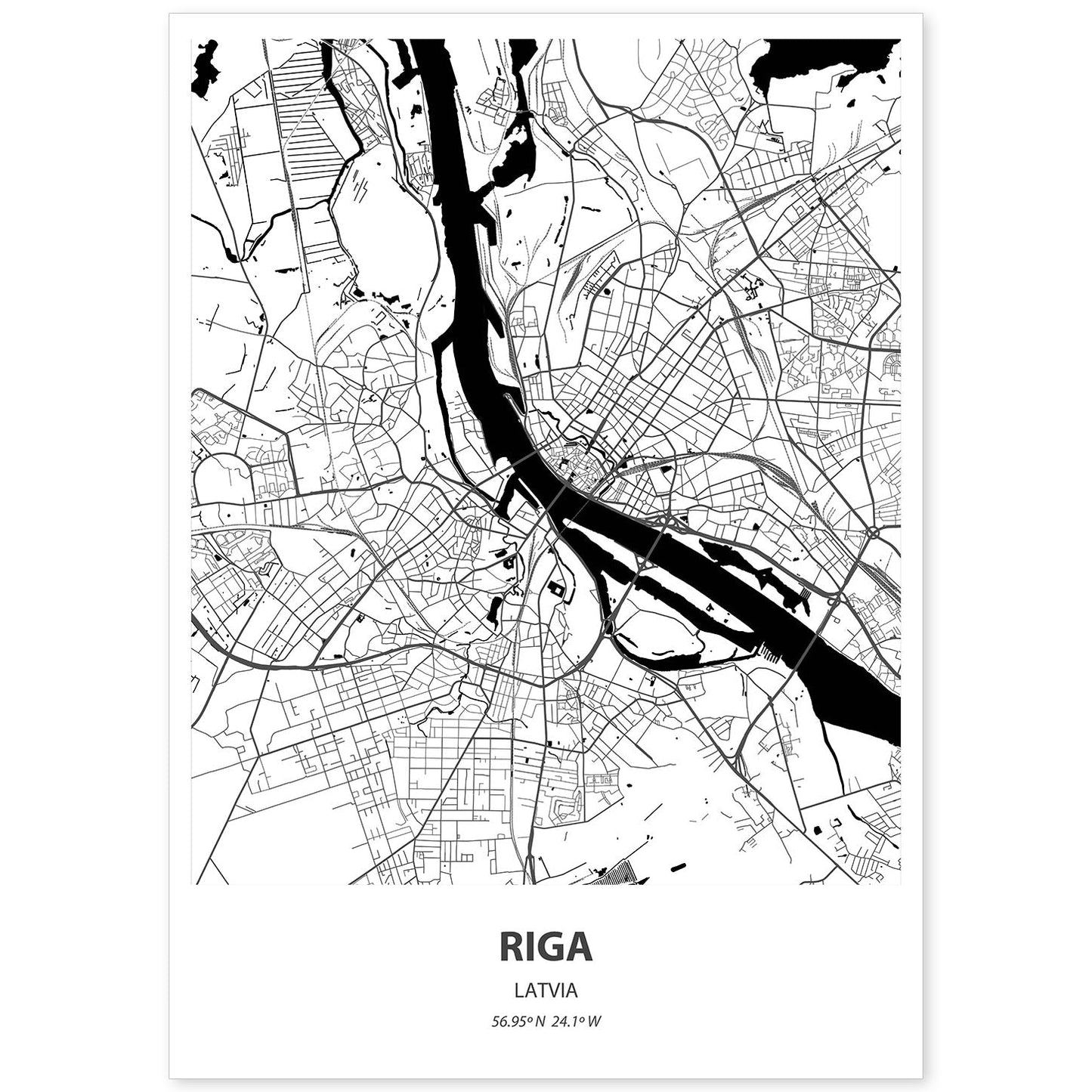 Poster con mapa de Riga - Latvia. Láminas de ciudades de Europa con mares y ríos en color negro.-Artwork-Nacnic-A4-Sin marco-Nacnic Estudio SL