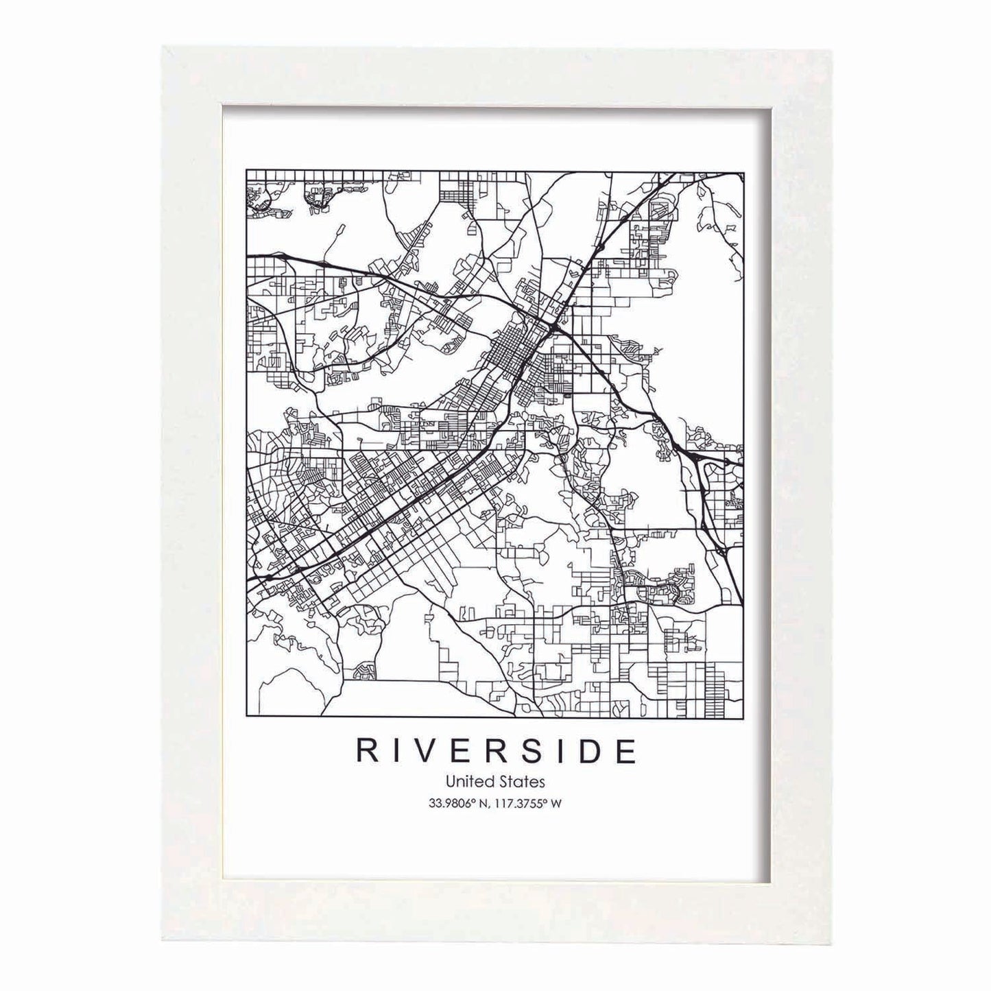 Poster con mapa de Riverside. Lámina de Estados Unidos, con imágenes de mapas y carreteras-Artwork-Nacnic-A3-Marco Blanco-Nacnic Estudio SL