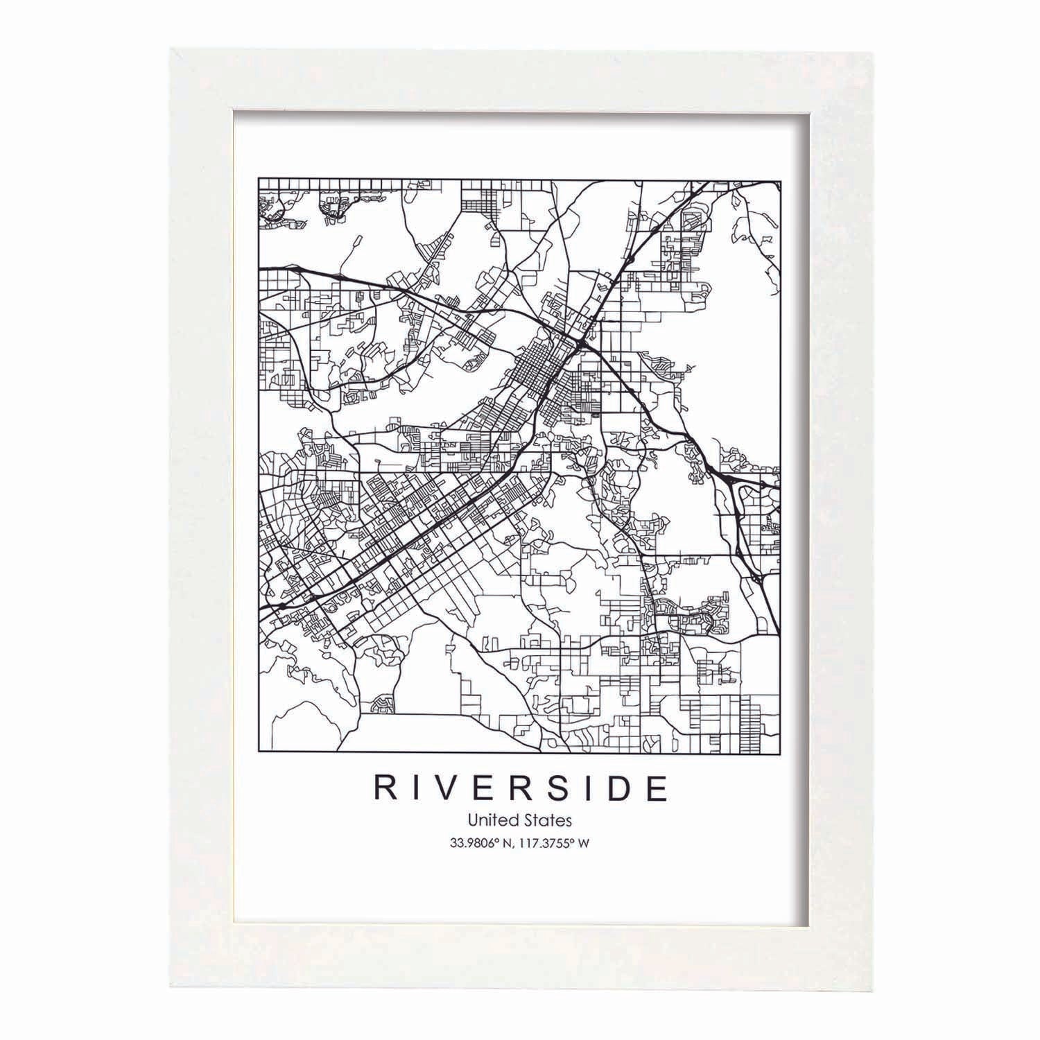 Poster con mapa de Riverside. Lámina de Estados Unidos, con imágenes de mapas y carreteras-Artwork-Nacnic-A3-Marco Blanco-Nacnic Estudio SL