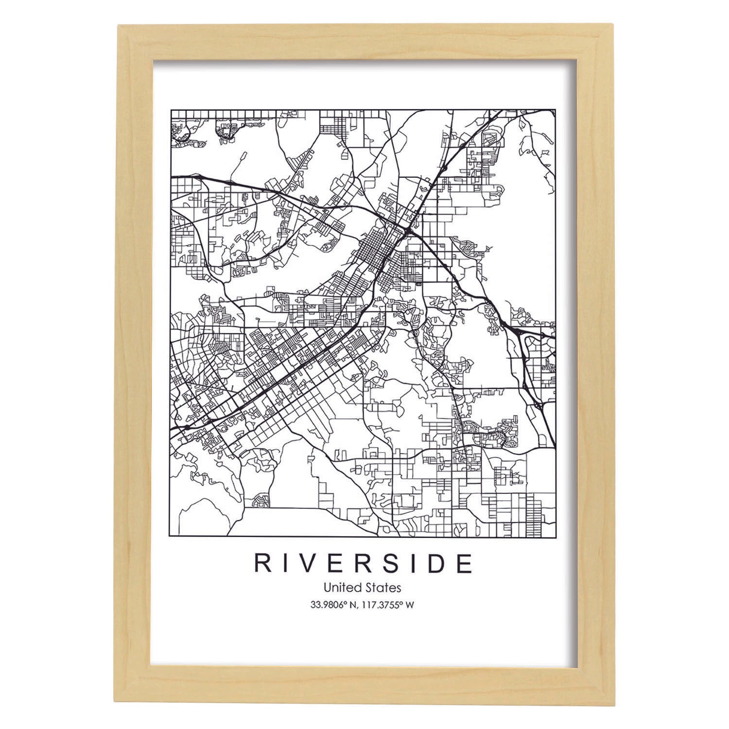 Poster con mapa de Riverside. Lámina de Estados Unidos, con imágenes de mapas y carreteras-Artwork-Nacnic-A3-Marco Madera clara-Nacnic Estudio SL