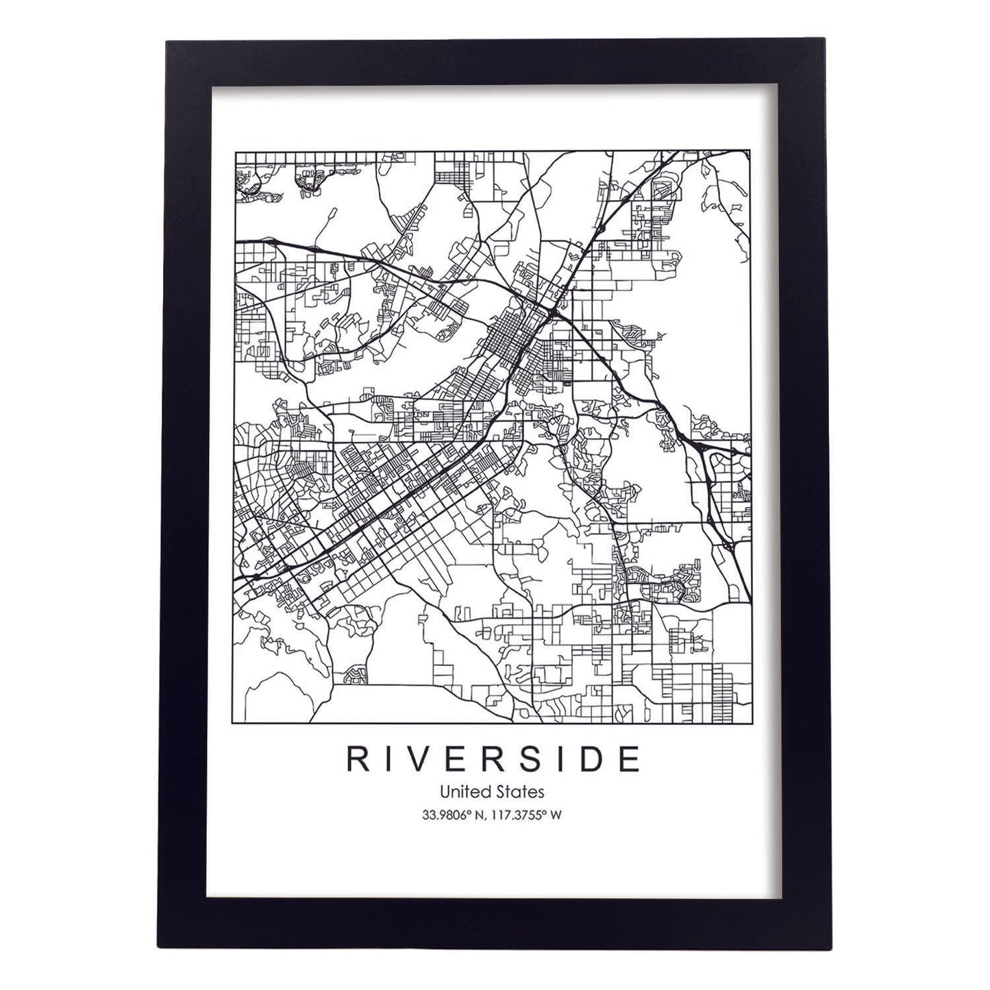 Poster con mapa de Riverside. Lámina de Estados Unidos, con imágenes de mapas y carreteras-Artwork-Nacnic-A3-Marco Negro-Nacnic Estudio SL