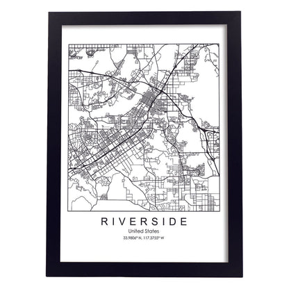 Poster con mapa de Riverside. Lámina de Estados Unidos, con imágenes de mapas y carreteras-Artwork-Nacnic-A4-Marco Negro-Nacnic Estudio SL
