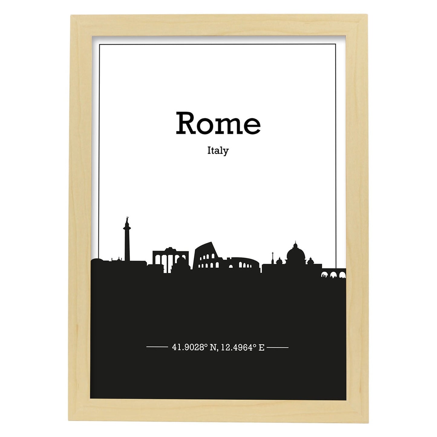 Poster con mapa de Rome - Italia. Láminas con Skyline de ciudades de Italia con sombra negra.-Artwork-Nacnic-A3-Marco Madera clara-Nacnic Estudio SL
