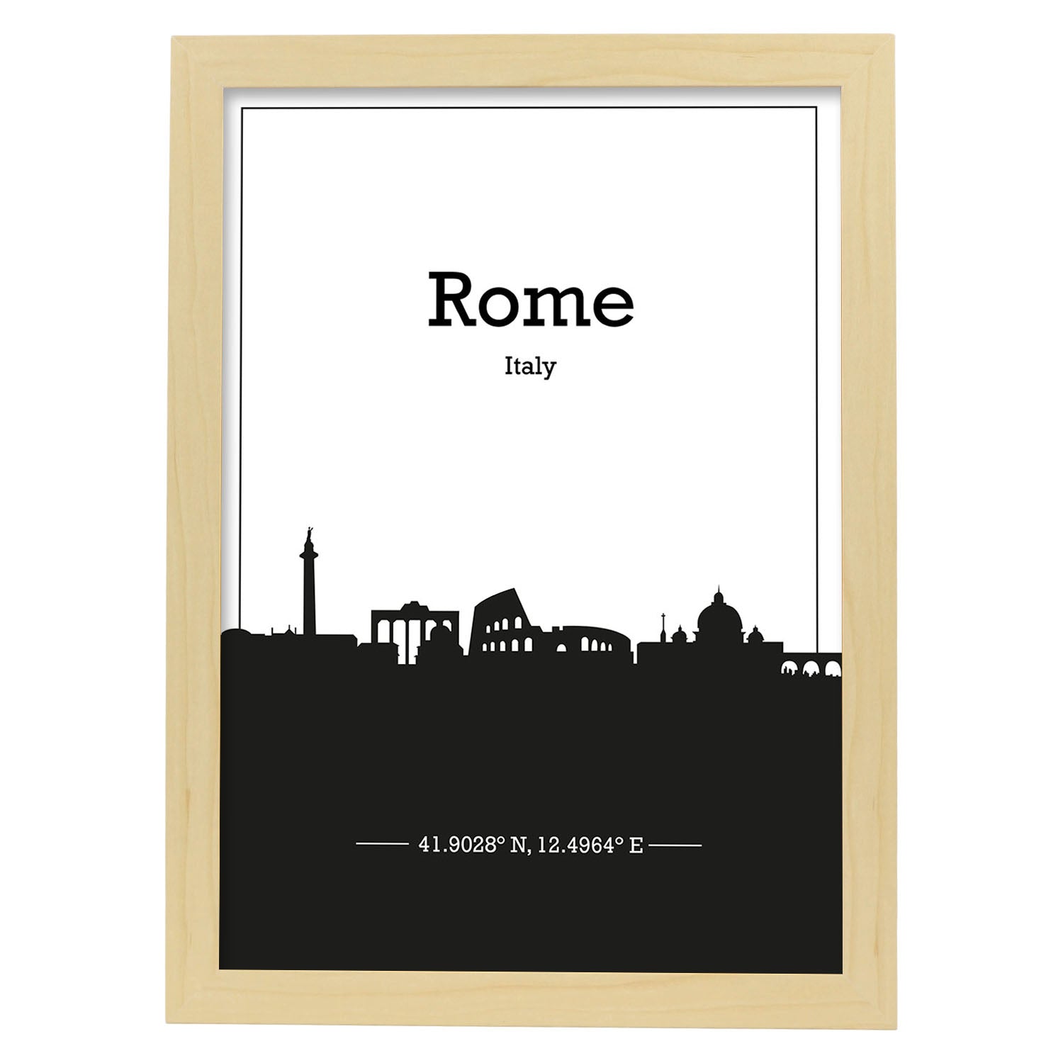 Poster con mapa de Rome - Italia. Láminas con Skyline de ciudades de Italia con sombra negra.-Artwork-Nacnic-A4-Marco Madera clara-Nacnic Estudio SL
