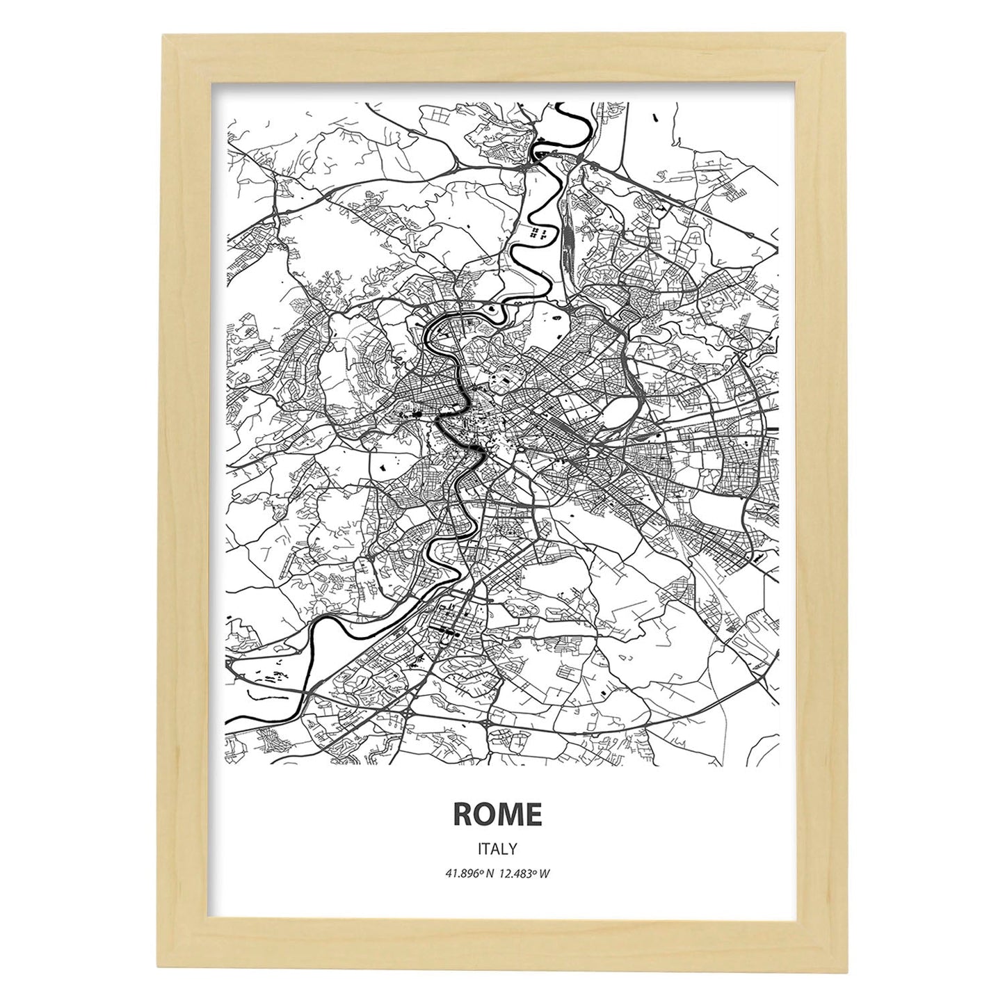 Poster con mapa de Rome - Italia. Láminas de ciudades de Italia con mares y ríos en color negro.-Artwork-Nacnic-A3-Marco Madera clara-Nacnic Estudio SL