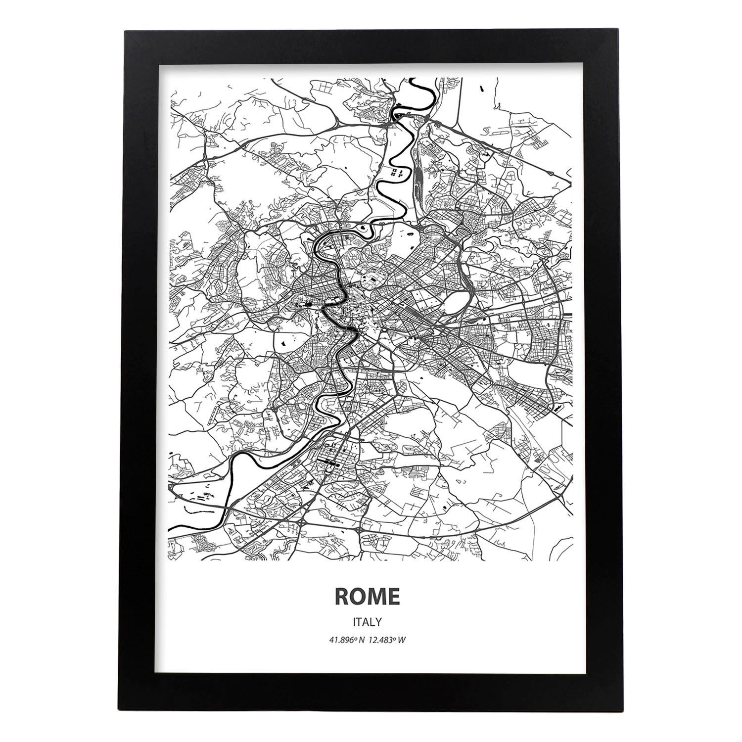 Poster con mapa de Rome - Italia. Láminas de ciudades de Italia con mares y ríos en color negro.-Artwork-Nacnic-A3-Marco Negro-Nacnic Estudio SL