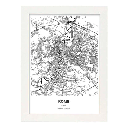 Poster con mapa de Rome - Italia. Láminas de ciudades de Italia con mares y ríos en color negro.-Artwork-Nacnic-A4-Marco Blanco-Nacnic Estudio SL