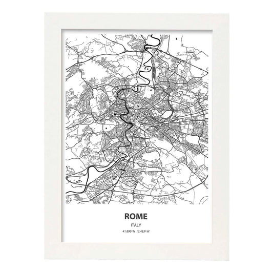 Poster con mapa de Rome - Italia. Láminas de ciudades de Italia con mares y ríos en color negro.-Artwork-Nacnic-A4-Marco Blanco-Nacnic Estudio SL
