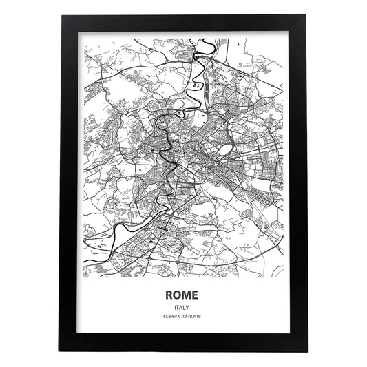 Poster con mapa de Rome - Italia. Láminas de ciudades de Italia con mares y ríos en color negro.-Artwork-Nacnic-A4-Marco Negro-Nacnic Estudio SL