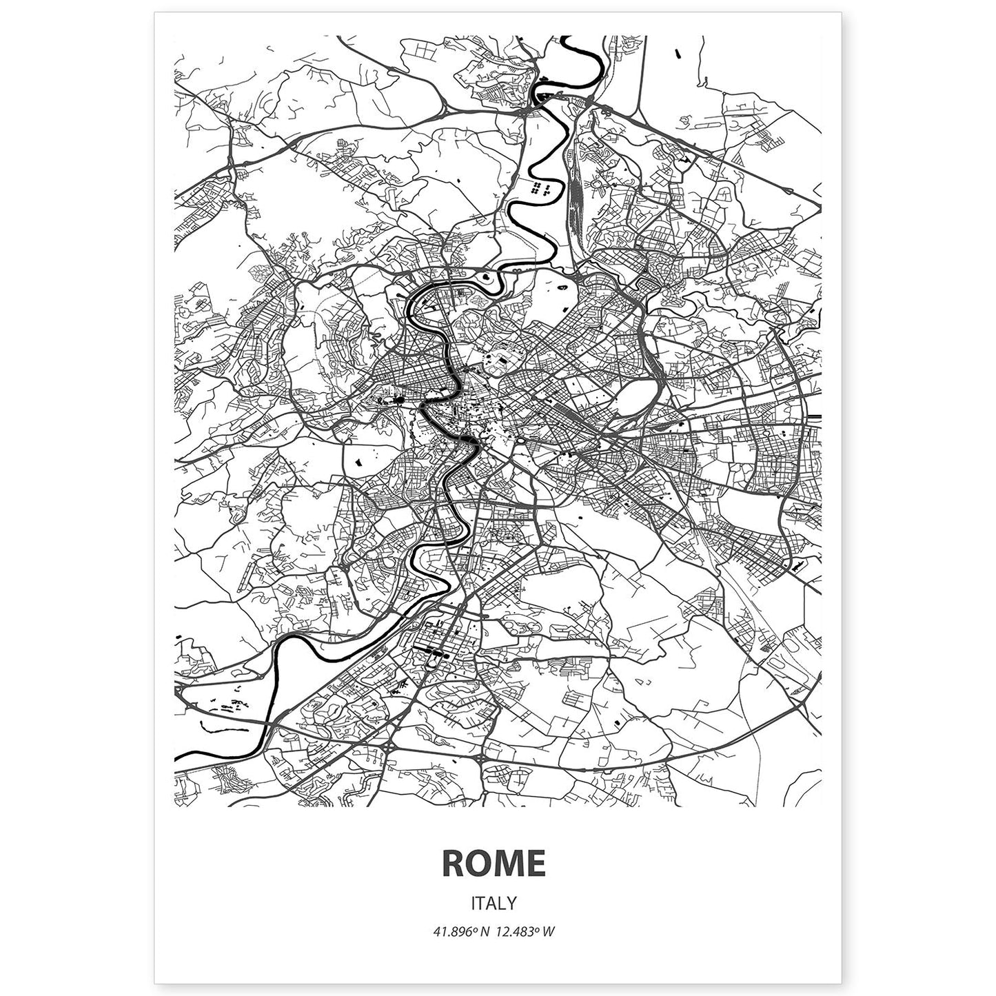 Poster con mapa de Rome - Italia. Láminas de ciudades de Italia con mares y ríos en color negro.-Artwork-Nacnic-A4-Sin marco-Nacnic Estudio SL