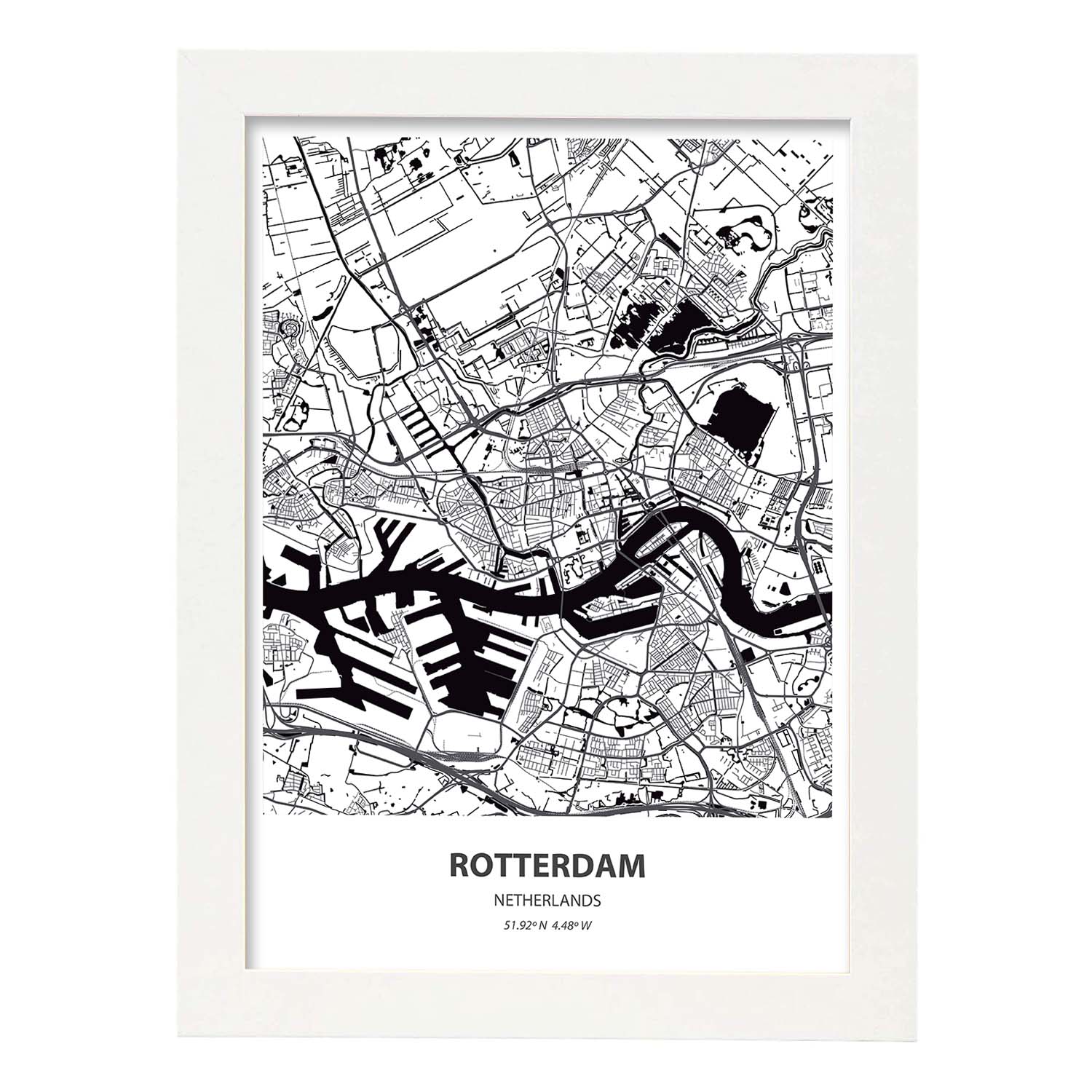 Poster con mapa de Rotterdam - Holanda. Láminas de ciudades de Holanda y Bélgica con mares y ríos en color negro.-Artwork-Nacnic-A3-Marco Blanco-Nacnic Estudio SL