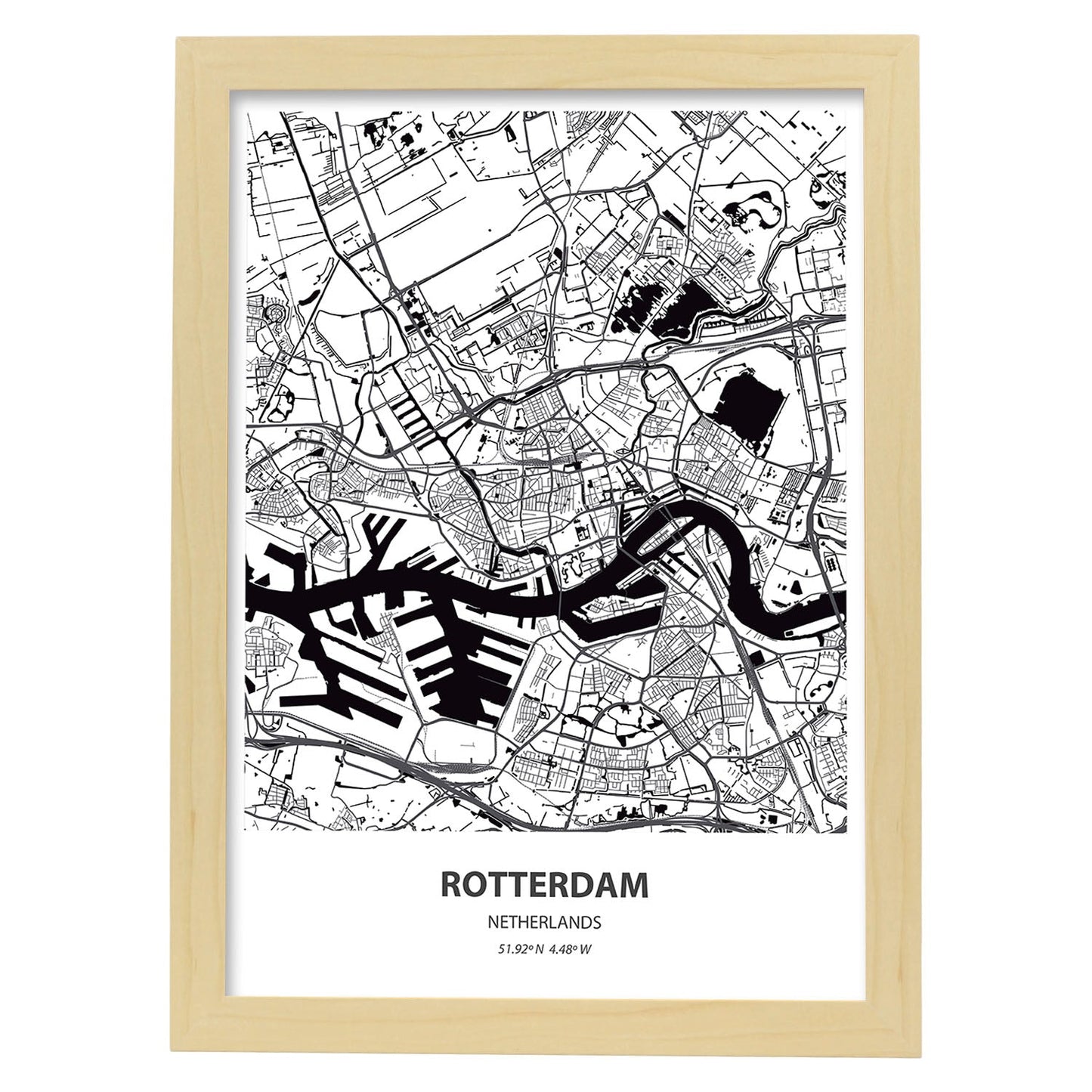 Poster con mapa de Rotterdam - Holanda. Láminas de ciudades de Holanda y Bélgica con mares y ríos en color negro.-Artwork-Nacnic-A3-Marco Madera clara-Nacnic Estudio SL