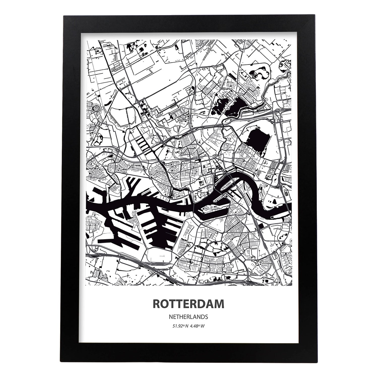 Poster con mapa de Rotterdam - Holanda. Láminas de ciudades de Holanda y Bélgica con mares y ríos en color negro.-Artwork-Nacnic-A3-Marco Negro-Nacnic Estudio SL