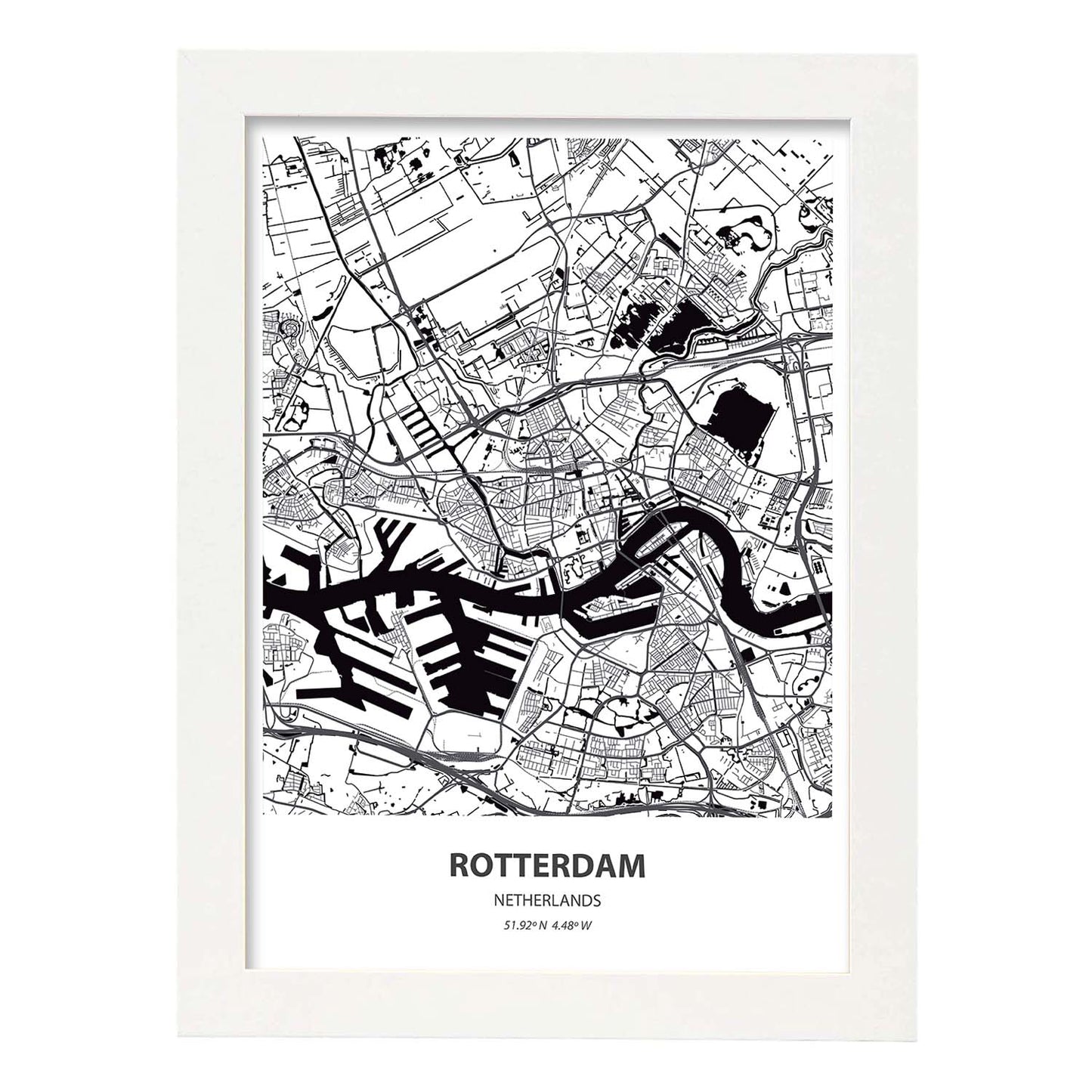 Poster con mapa de Rotterdam - Holanda. Láminas de ciudades de Holanda y Bélgica con mares y ríos en color negro.-Artwork-Nacnic-A4-Marco Blanco-Nacnic Estudio SL