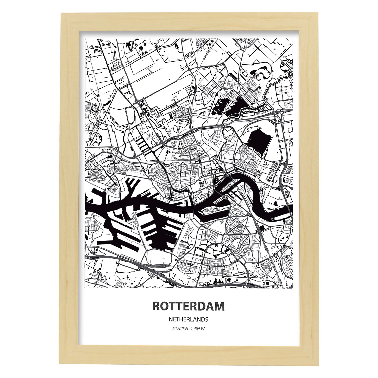 Poster con mapa de Rotterdam - Holanda. Láminas de ciudades de Holanda y Bélgica con mares y ríos en color negro.-Artwork-Nacnic-A4-Marco Madera clara-Nacnic Estudio SL